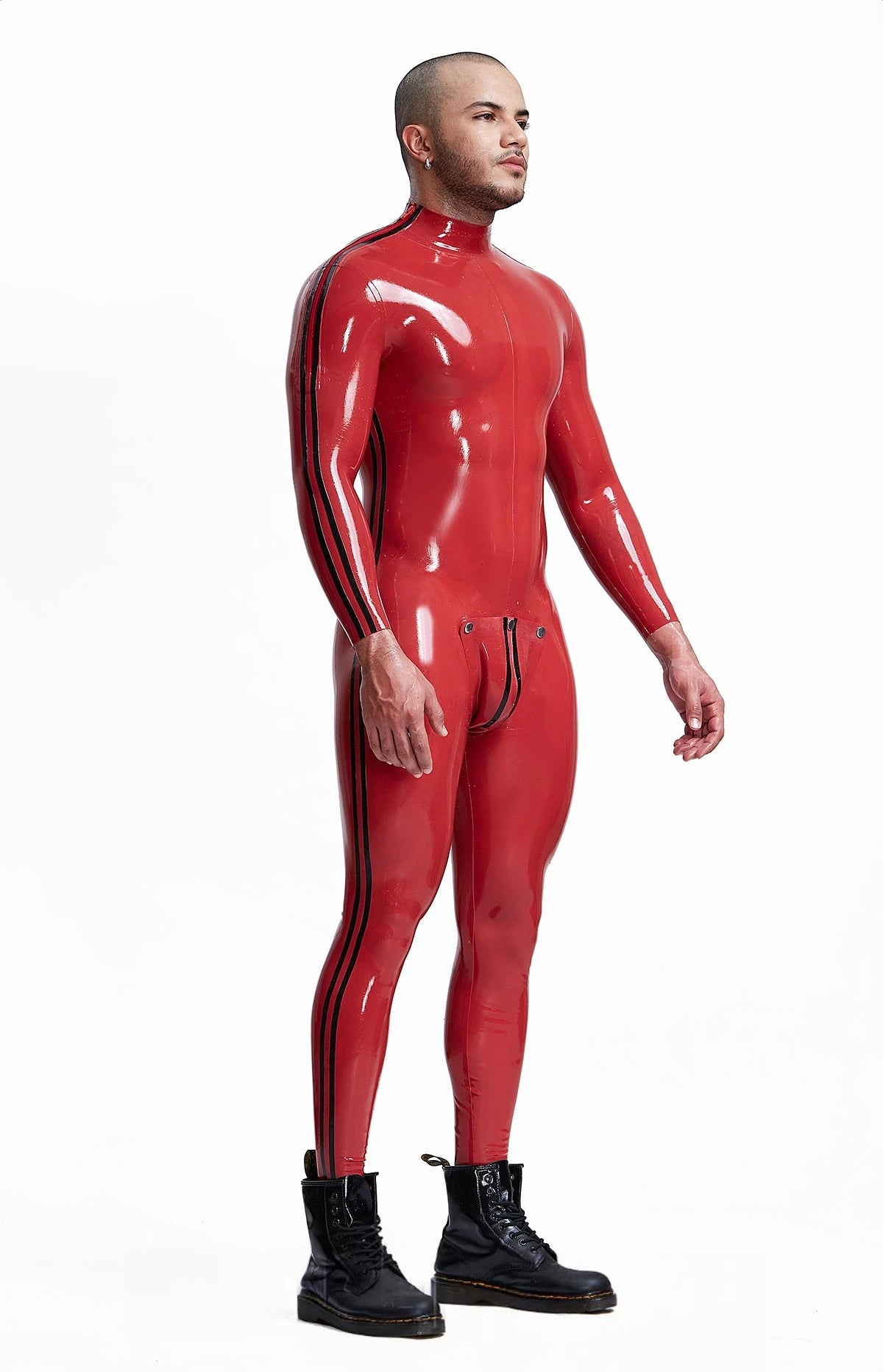 Red, trim color is Black Male 'Double Lines' Shoulder-Zipper Latex Catsuit