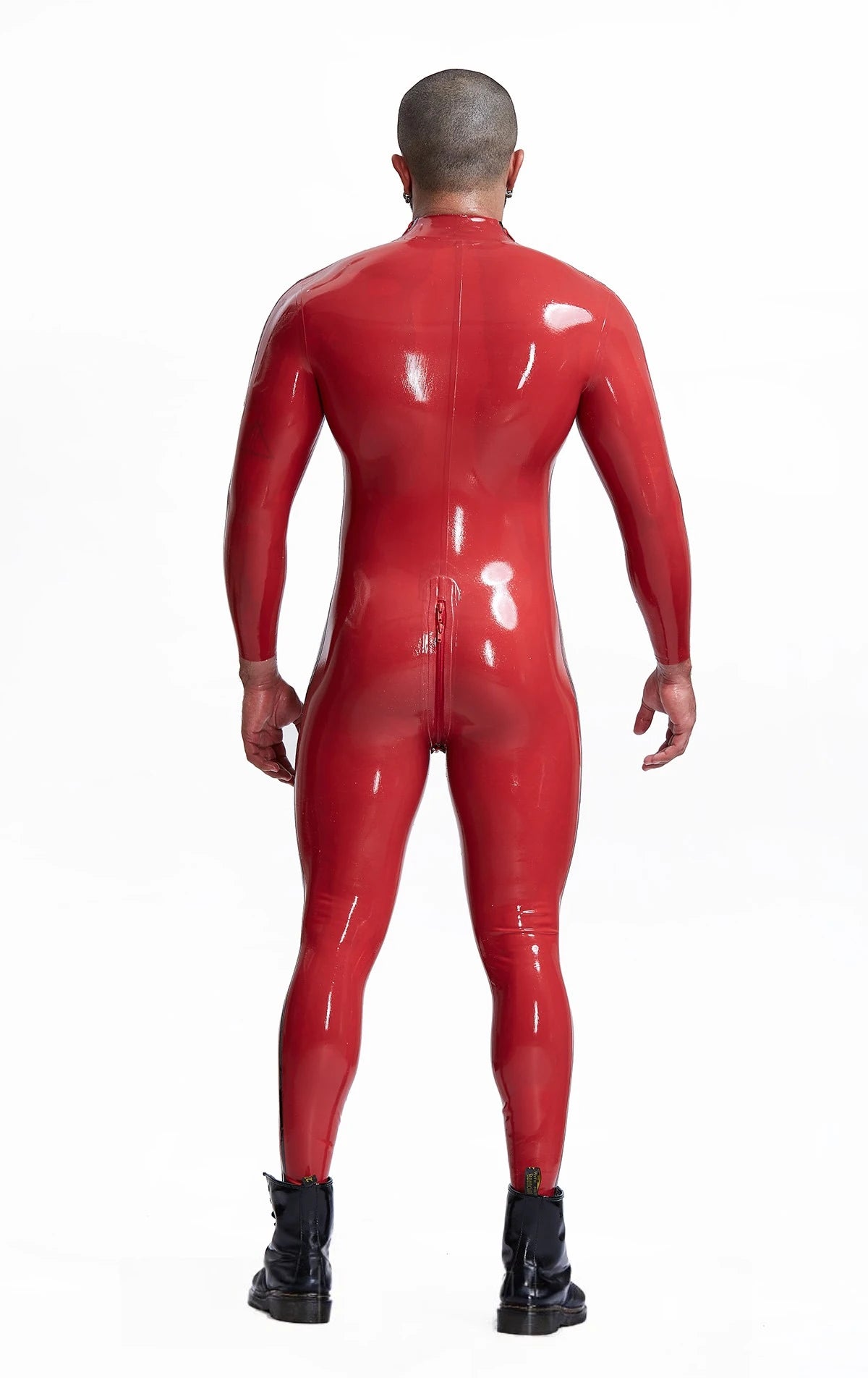 Red, trim color is Black Male 'Double Lines' Shoulder-Zipper Latex Catsuit