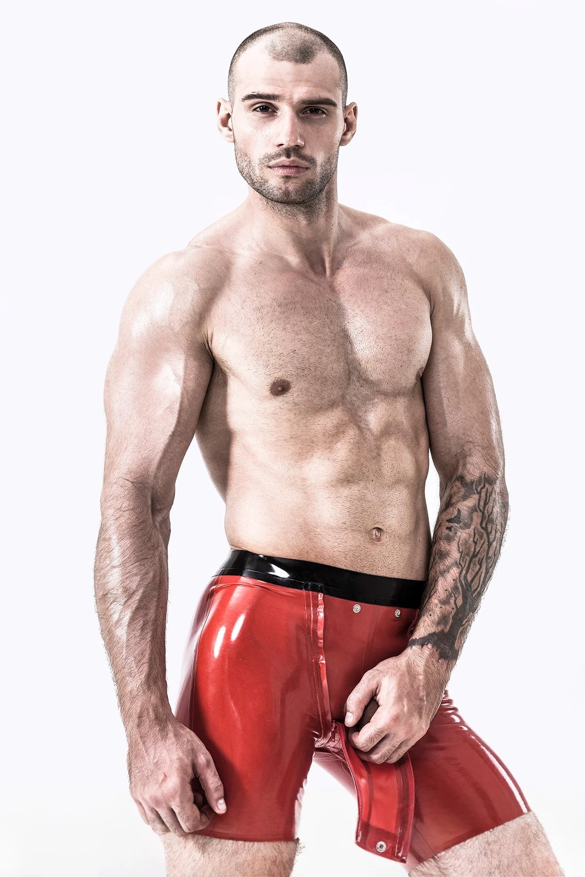 Red Male Latex Sailor-front Double Zip Shorts