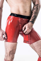 Red Male Latex Sailor-front Double Zip Shorts