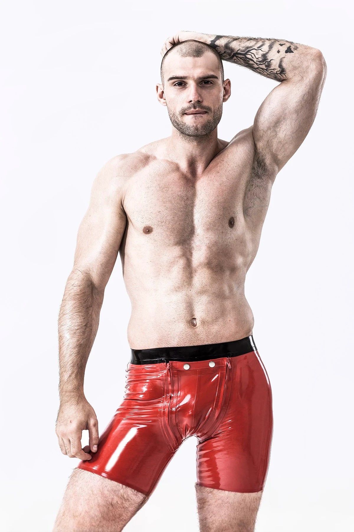 Red Male Latex Sailor-front Double Zip Shorts