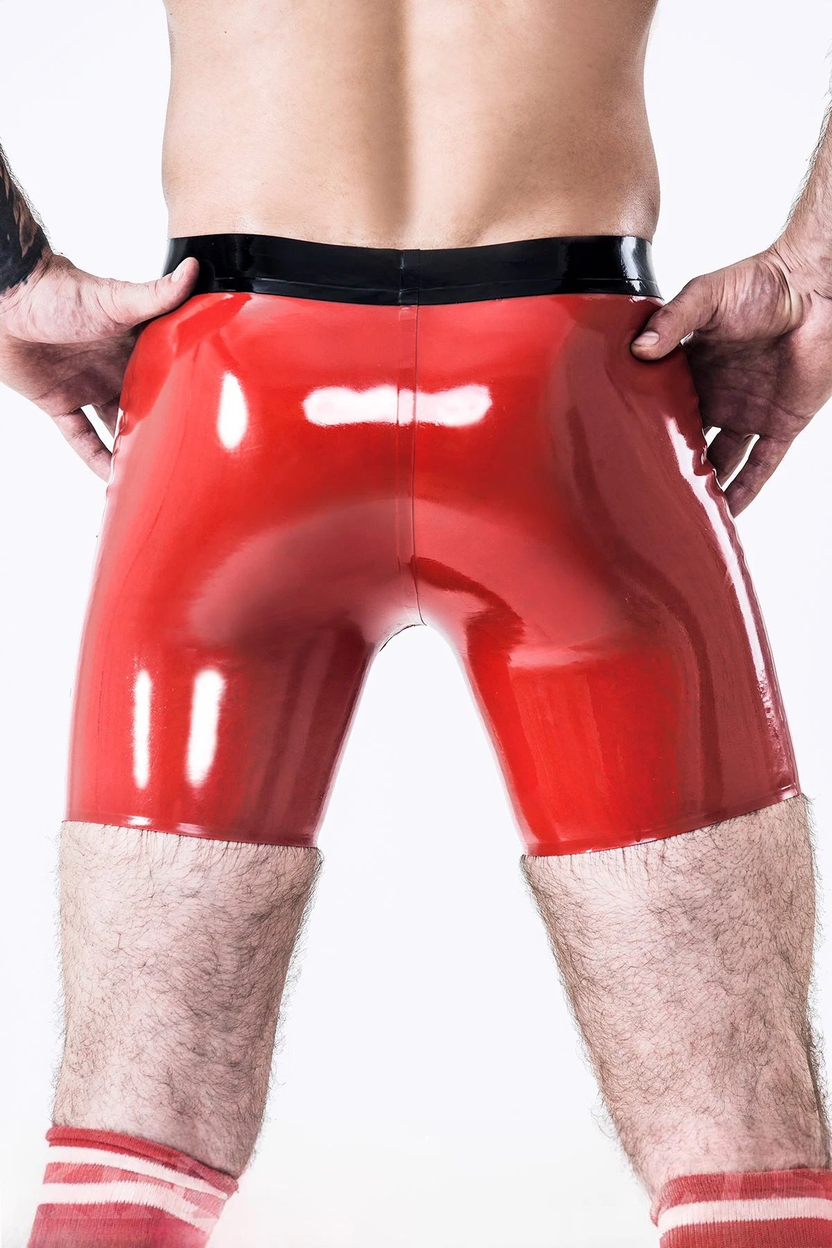 Red Male Latex Sailor-front Double Zip Shorts