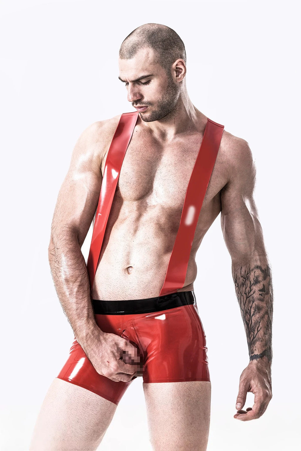 red Male Latex Snappy Straps Shorts