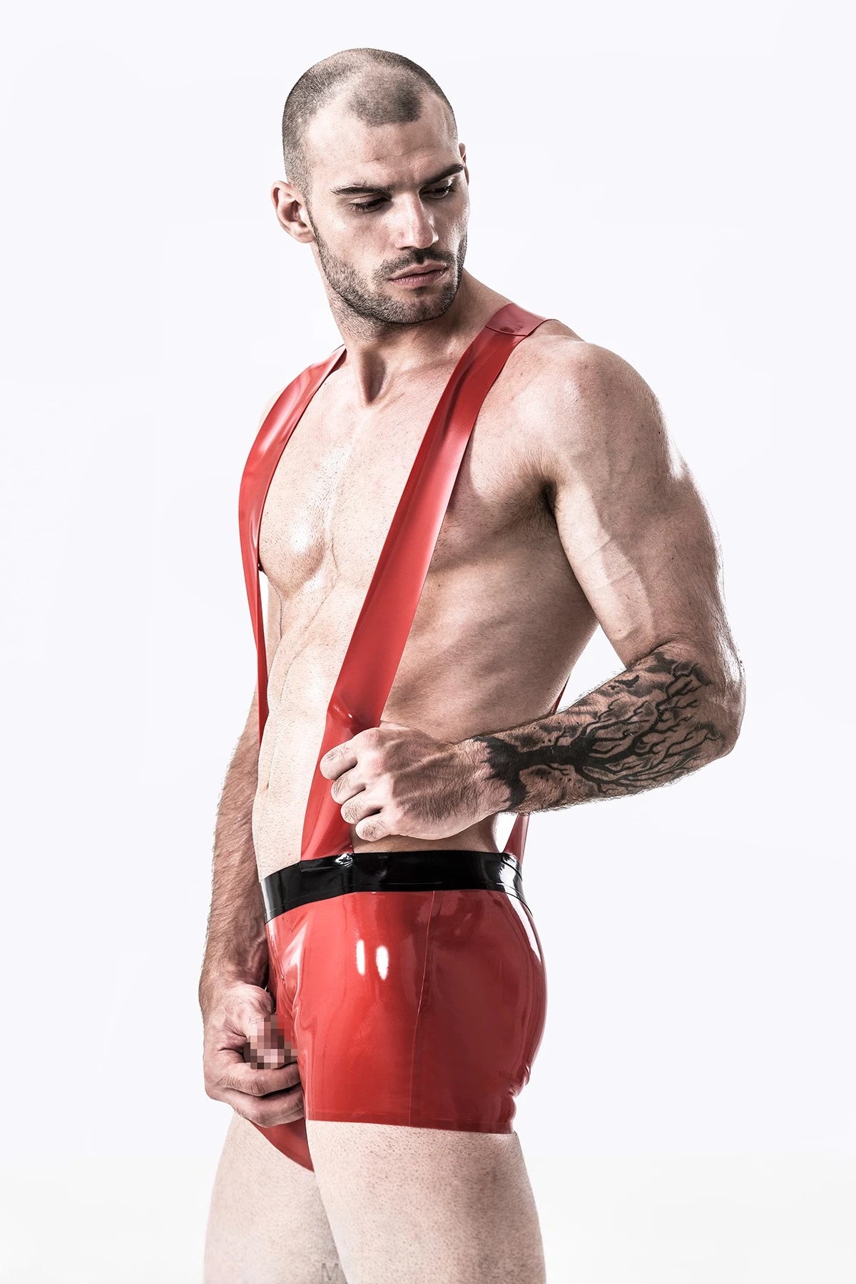 red Male Latex Snappy Straps Shorts