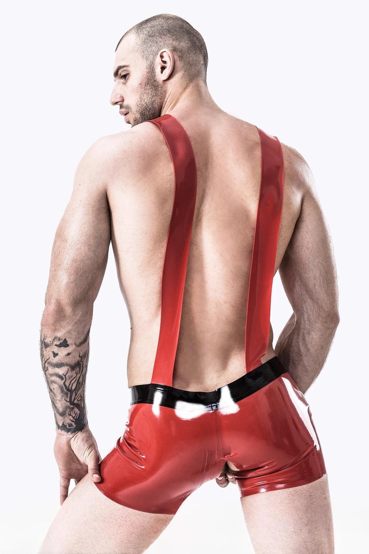 red Male Latex Snappy Straps Shorts