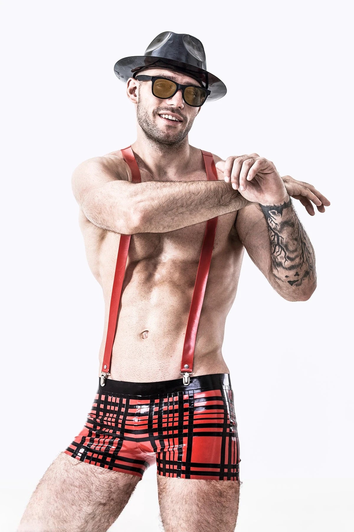 red Male Latex Tartan Look Shorts