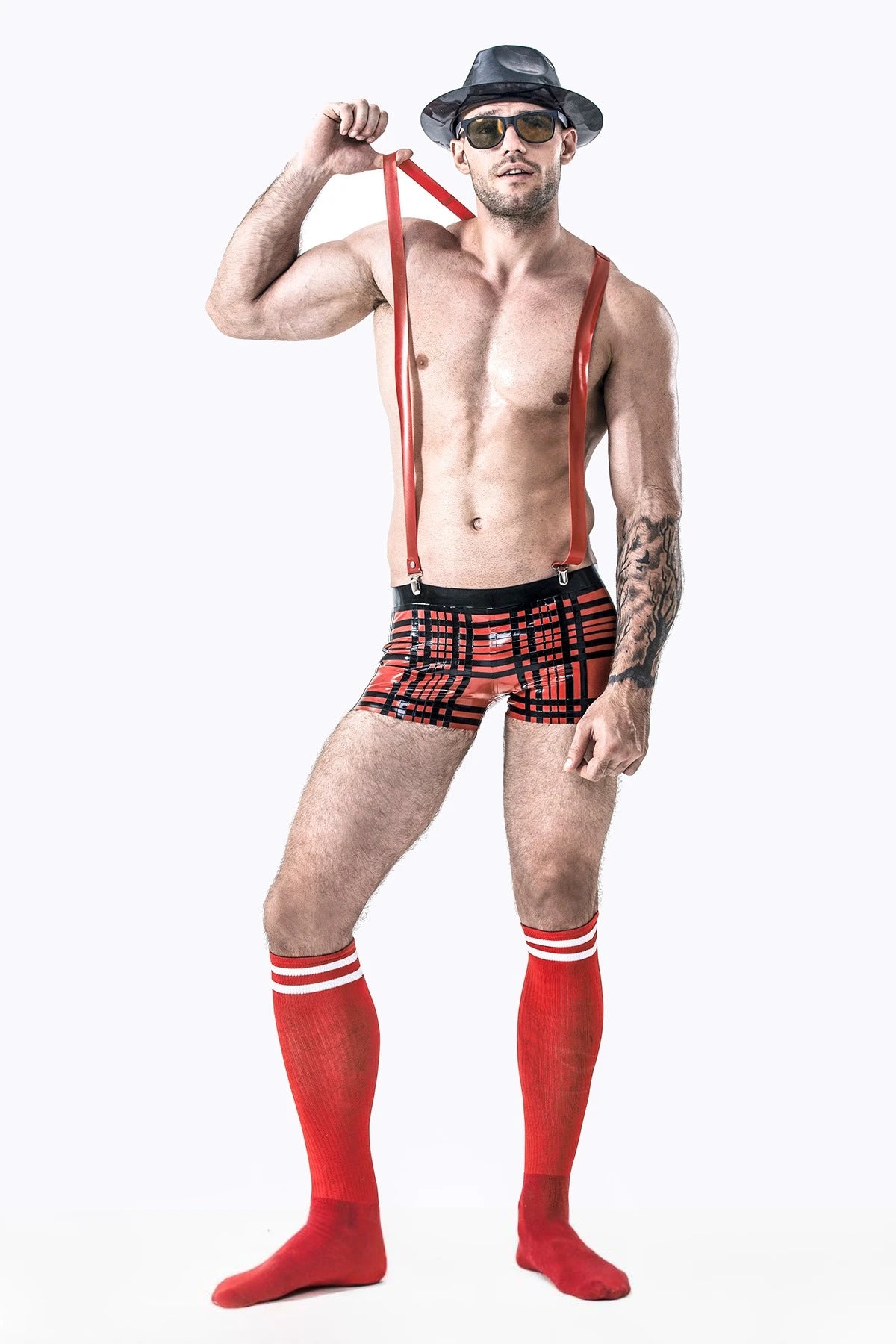 red Male Latex Tartan Look Shorts