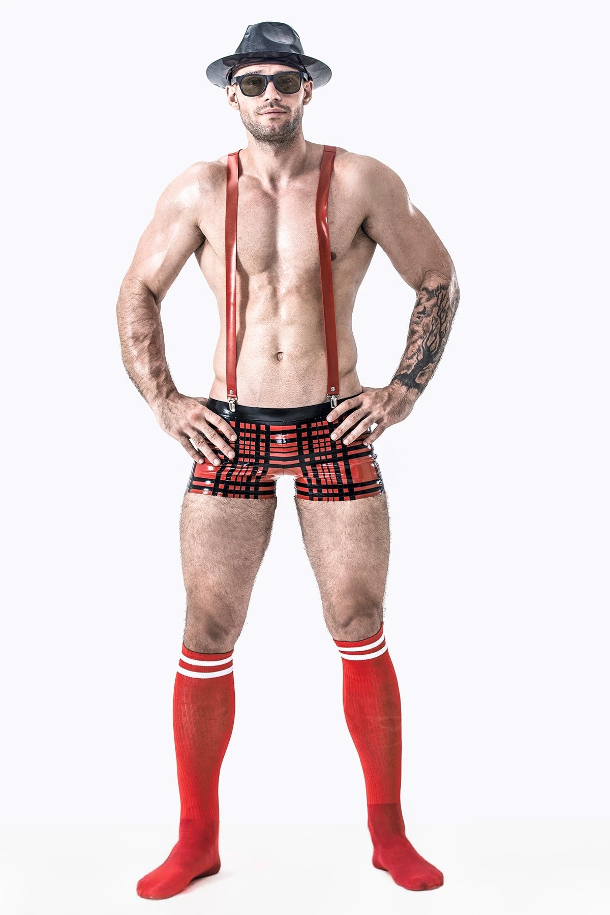 red Male Latex Tartan Look Shorts