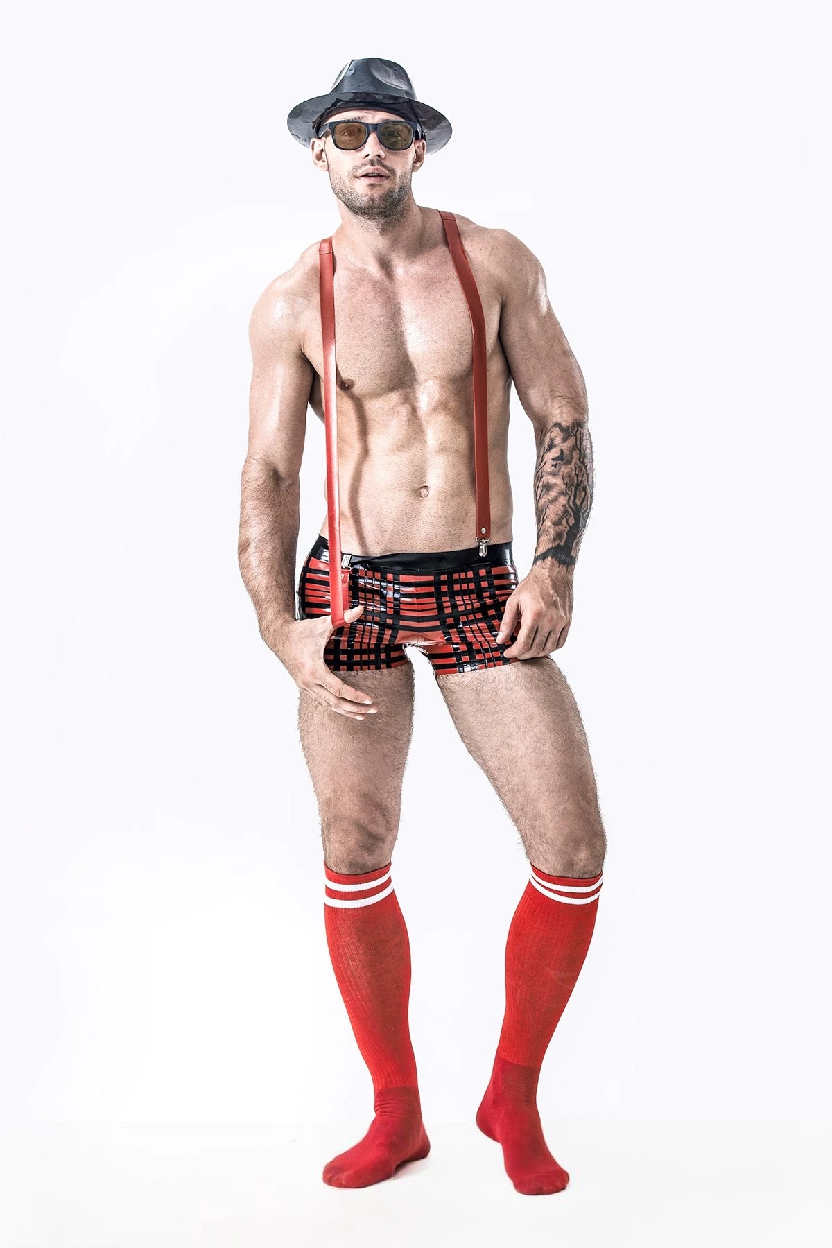 red Male Latex Tartan Look Shorts
