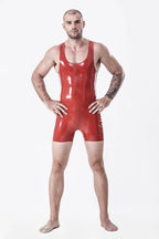 Red, trim color is Black Male Zipperless Short Leg Singlet Latex Suit