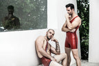 Red, trim color is Black Male Zipperless Short Leg Singlet Latex Suit