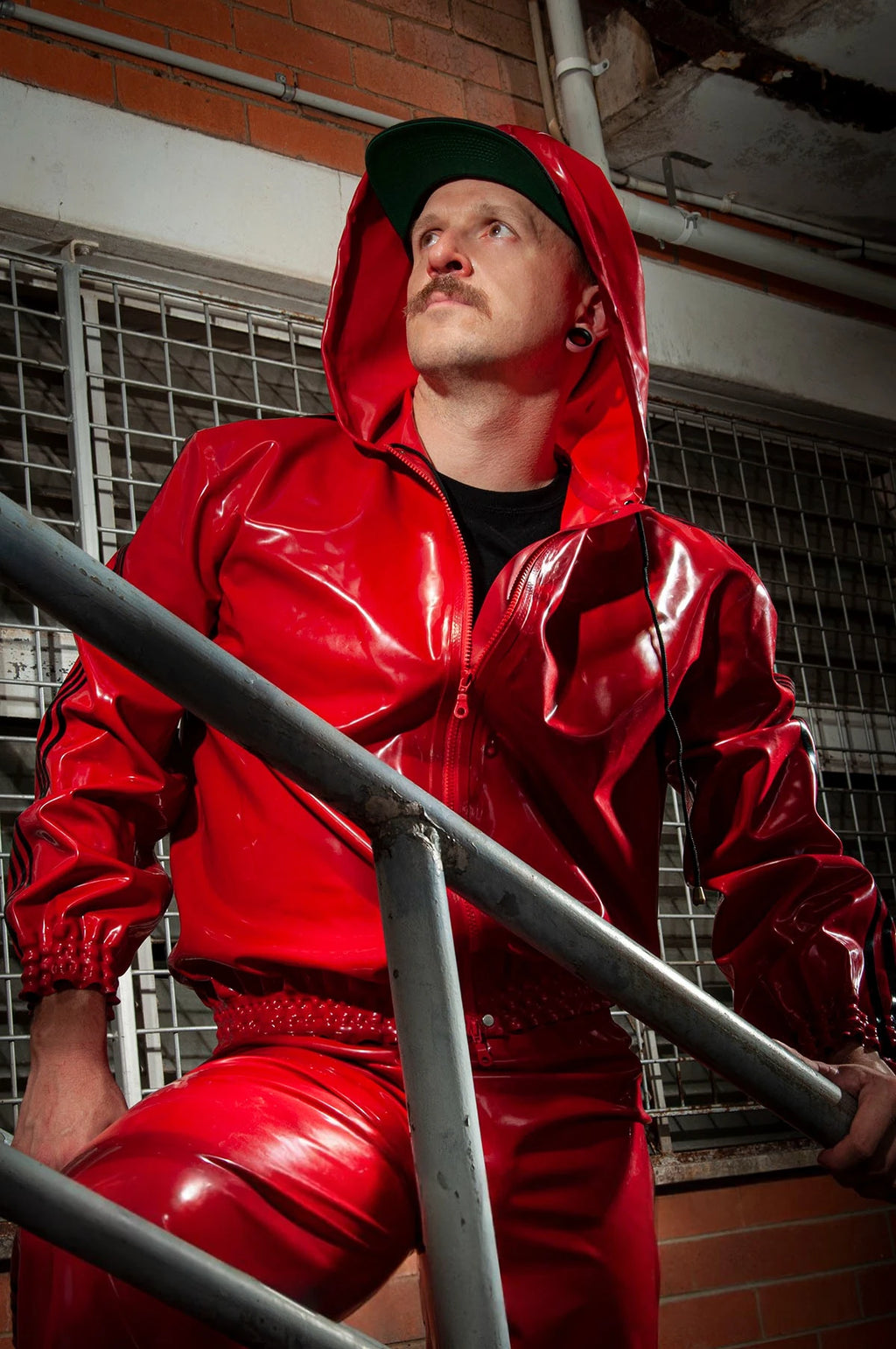 Red Male Sports Hooded Tracksuit Latex Jacket