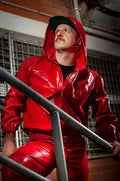 Red Male Sports Hooded Tracksuit Latex Jacket