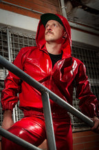 Red Male Sports Hooded Tracksuit Latex Jacket