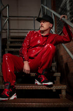 Red Male Sports Hooded Tracksuit Latex Jacket
