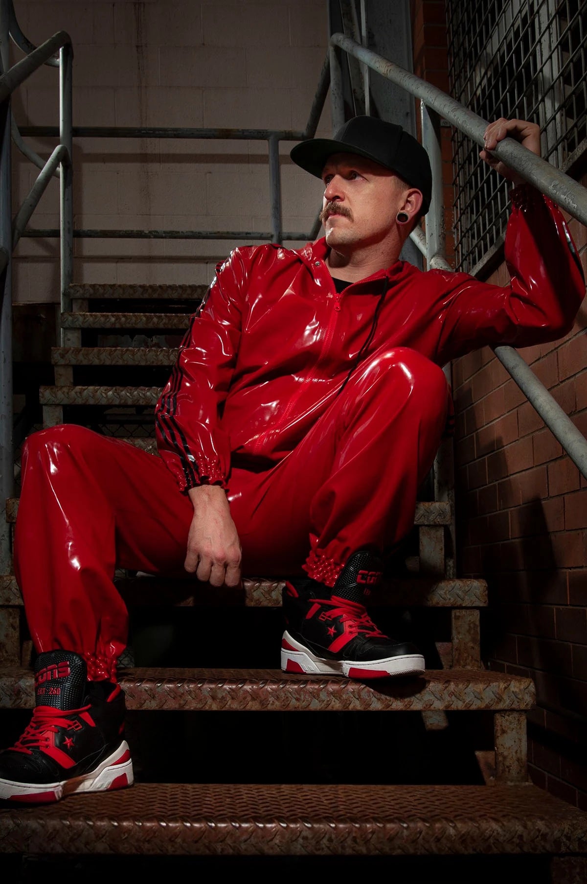 Red Male Sports Hooded Tracksuit Latex Jacket