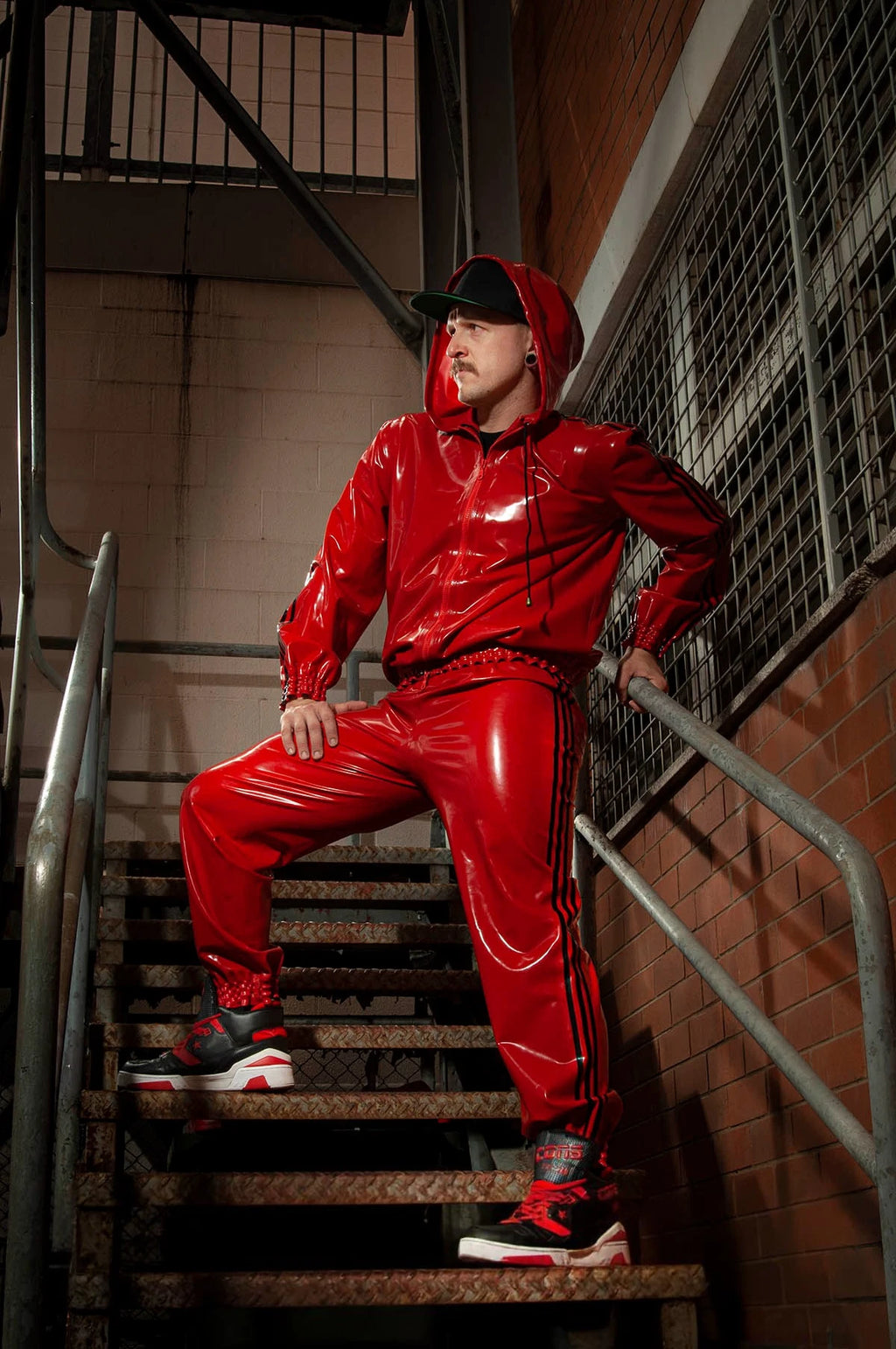 Red Male Sports Hooded Tracksuit Latex Jacket
