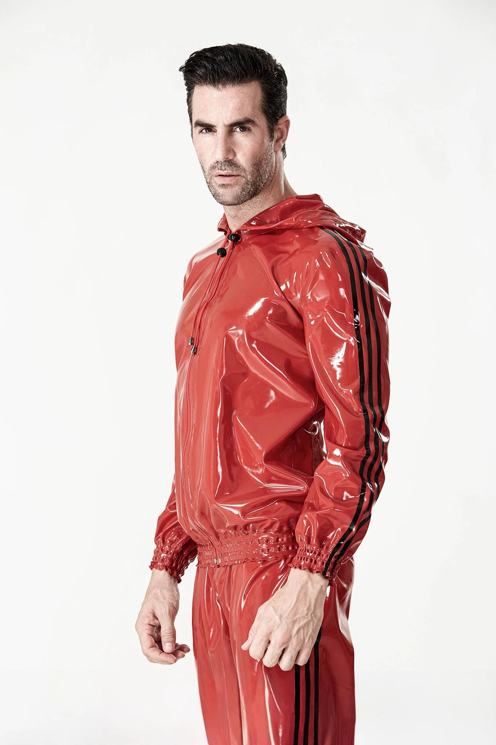 Red Male Sports Hooded Tracksuit Latex Jacket