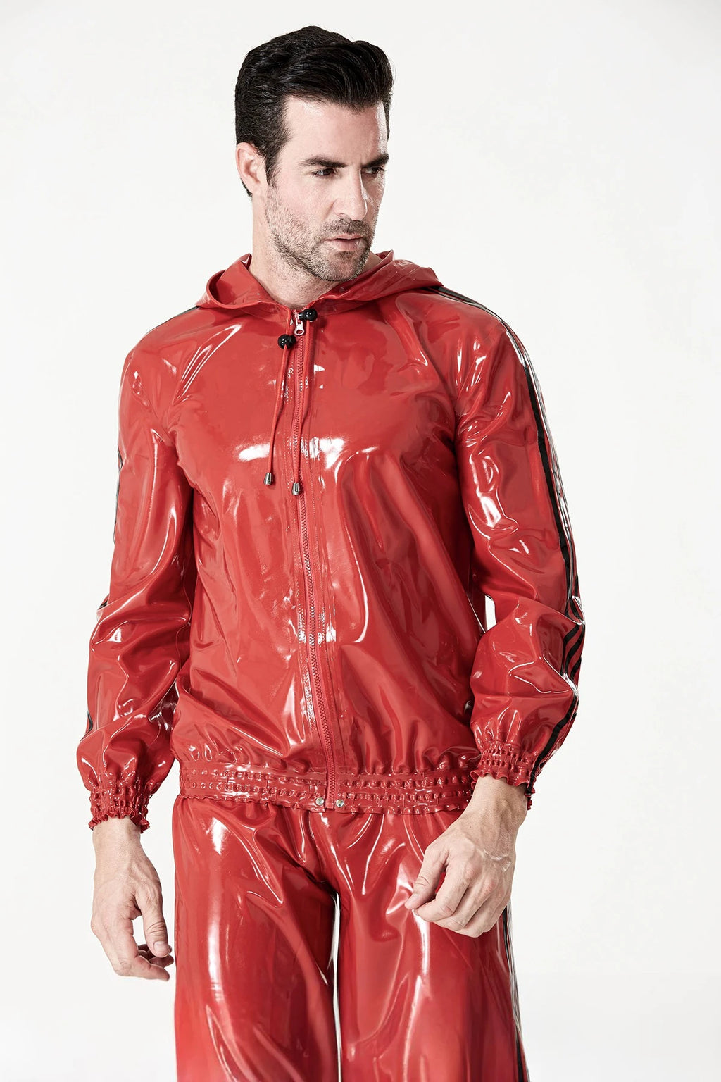 Red Male Sports Hooded Tracksuit Latex Jacket