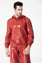 Red Male Sports Hooded Tracksuit Latex Jacket