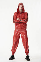 Red Male Sports Hooded Tracksuit Latex Jacket