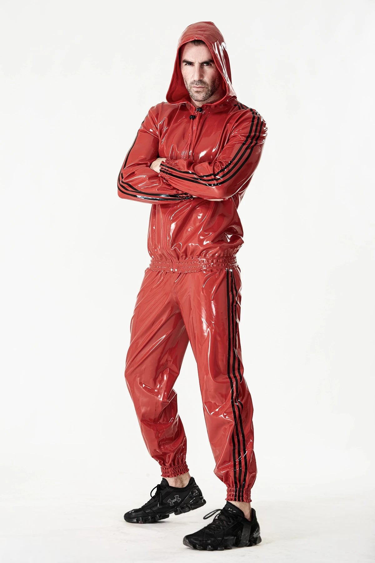 Red Male Sports Hooded Tracksuit Latex Jacket