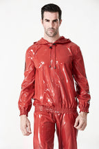 Red Male Sports Hooded Tracksuit Latex Jacket