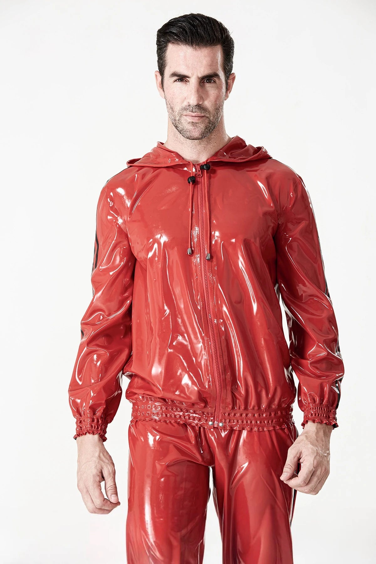 Red Male Sports Hooded Tracksuit Latex Jacket