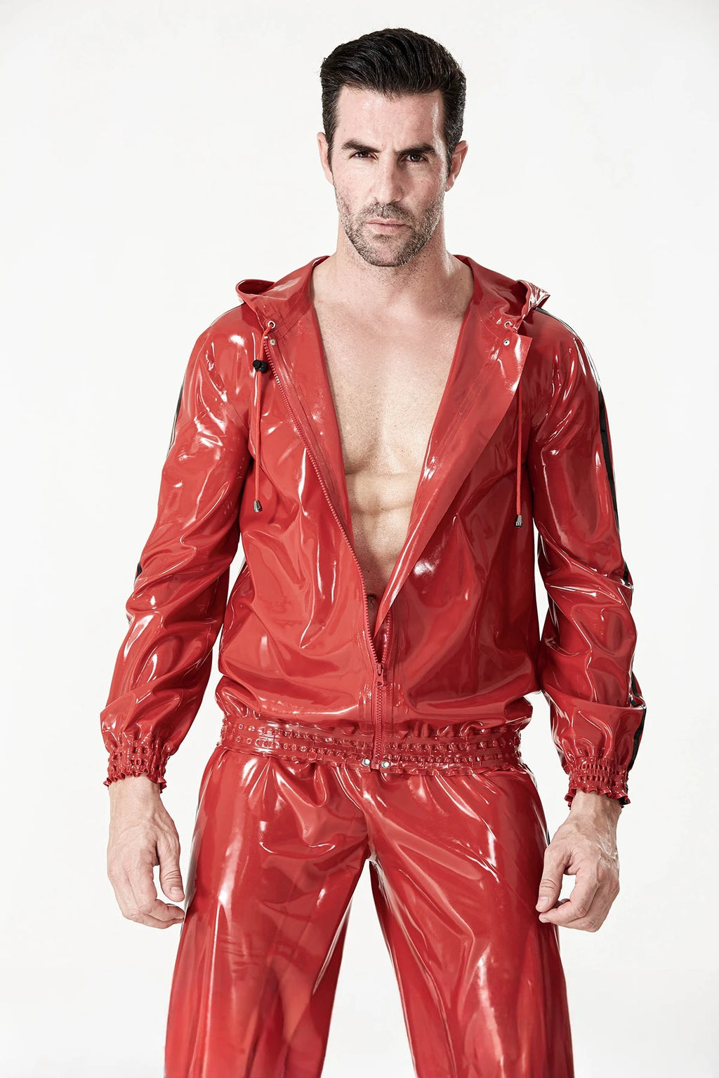 Red Male Sports Hooded Tracksuit Latex Jacket