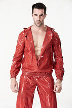 Red Male Sports Hooded Tracksuit Latex Jacket