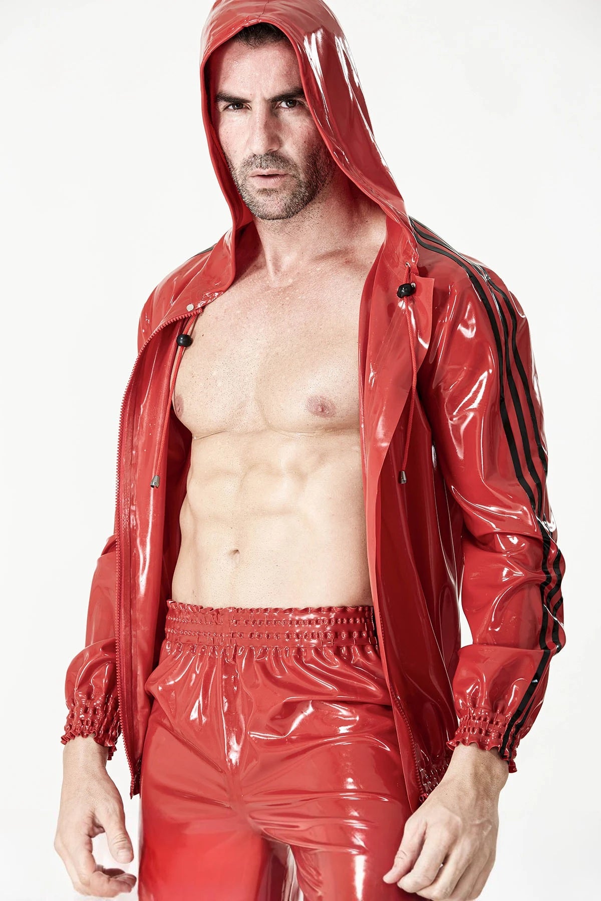 Red Male Sports Hooded Tracksuit Latex Jacket