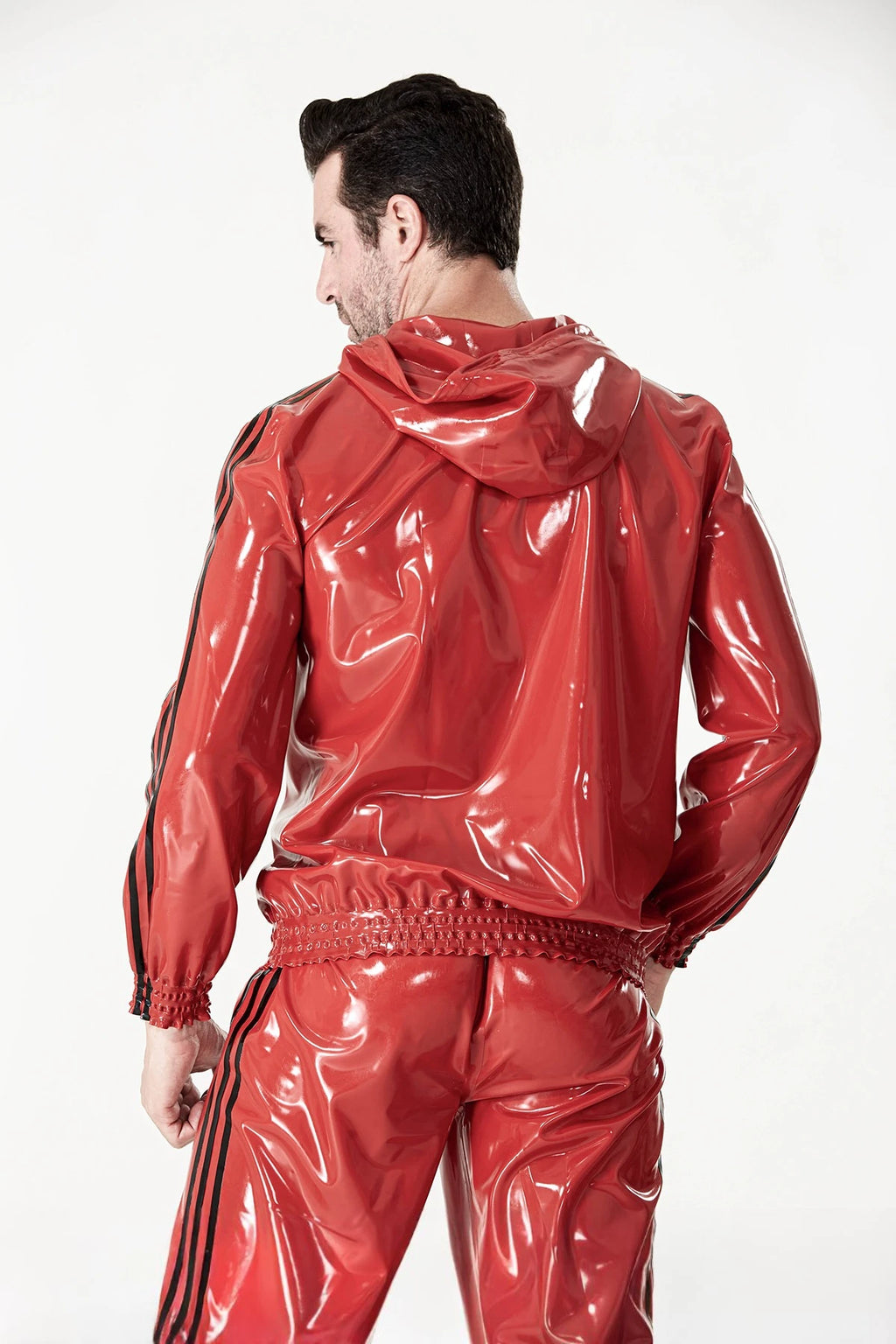 Red Male Sports Hooded Tracksuit Latex Jacket