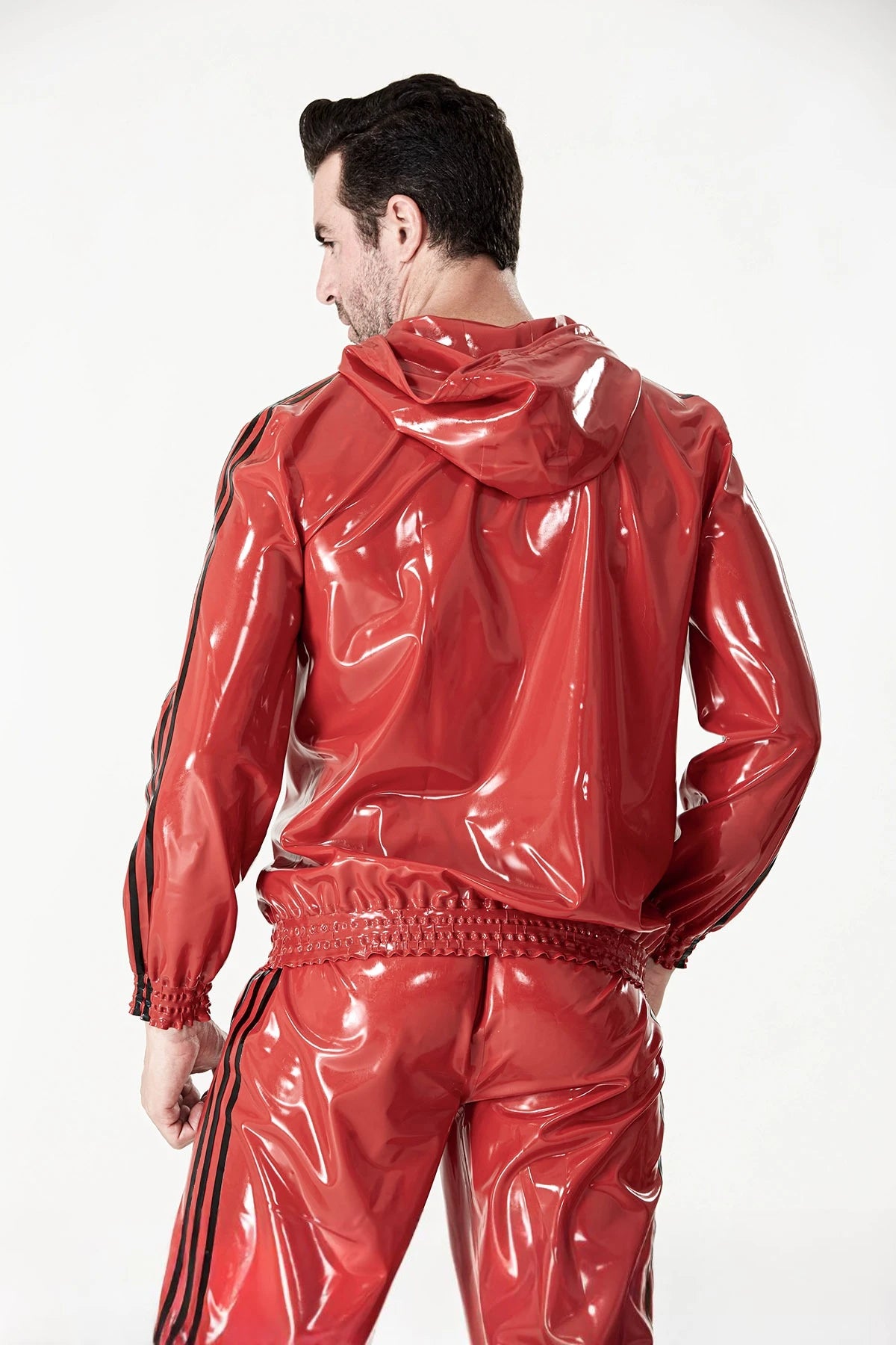 Red Male Sports Hooded Tracksuit Latex Jacket