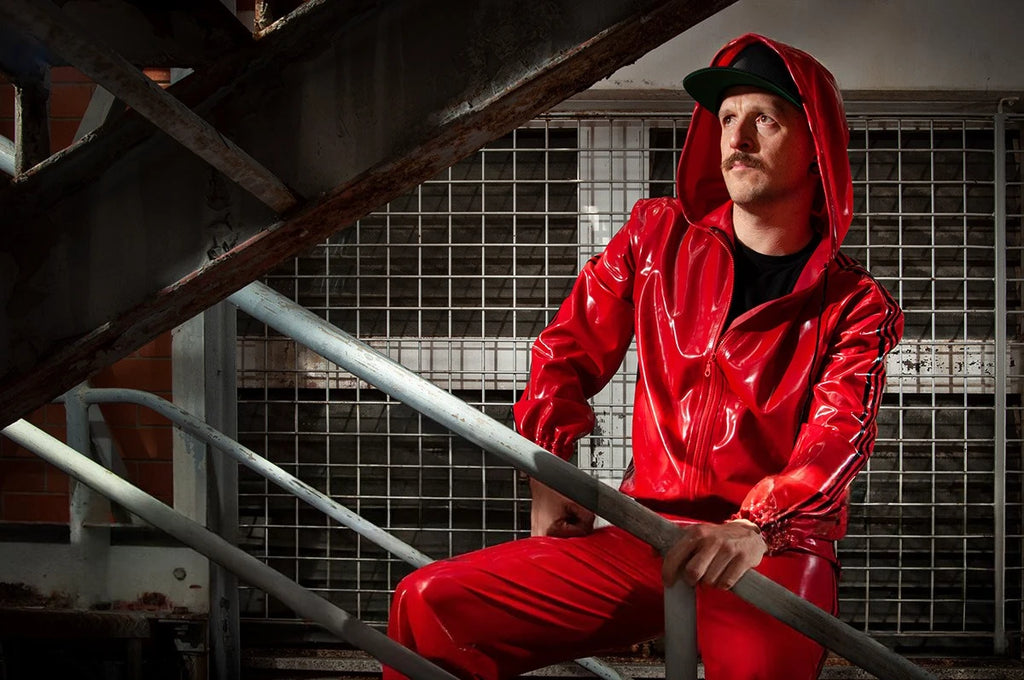 Red Male Sports Hooded Tracksuit Latex Jacket