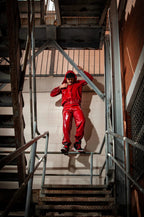 Red Male Sports Hooded Tracksuit Latex Jacket