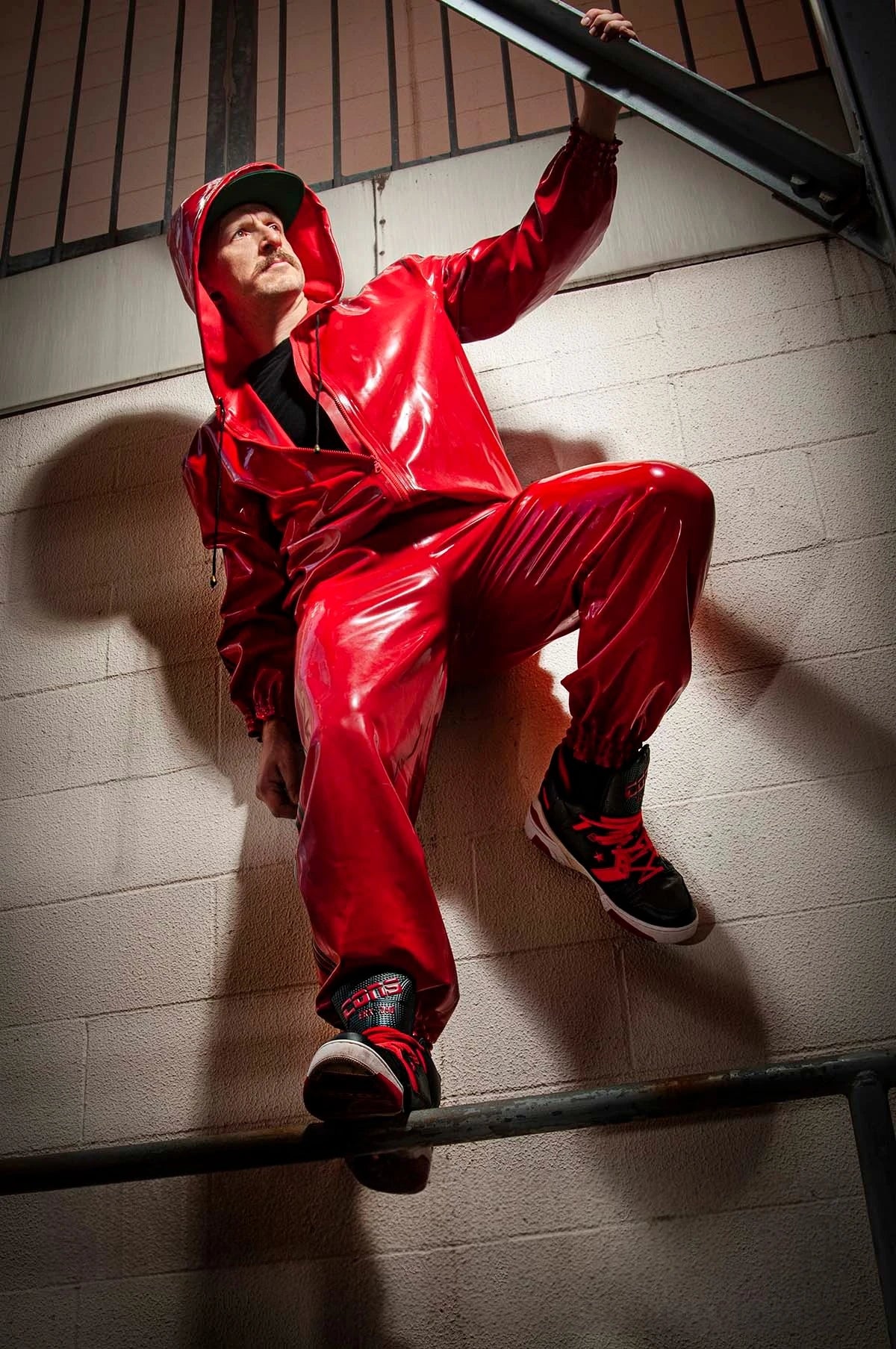 Red Male Sports Hooded Tracksuit Latex Jacket