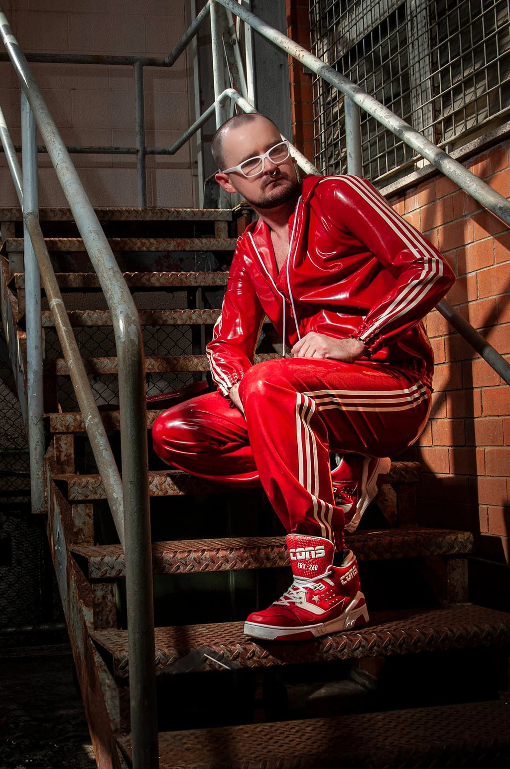 Red Male Sports Hooded Tracksuit Latex Jacket