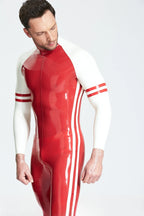 Red, trim color is White. Male 'Blaze' Raglan-Sleeved Latex Catsuit
