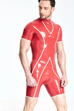 Red, trim color is White Male Latex 'X-Tra' Surfsuit