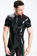 Red, trim color is Yellow Male Studded Closure Latex Polo T-Shirt