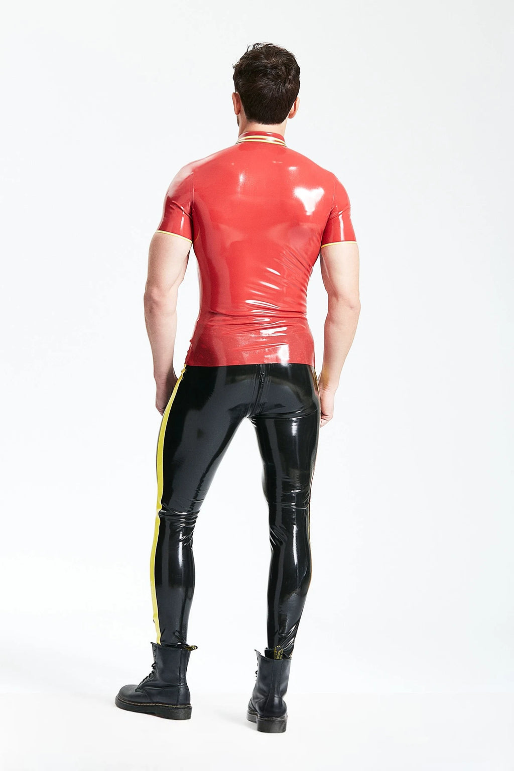 Red, trim color is Yellow Male Studded Closure Latex Polo T-Shirt