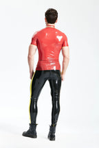 Red, trim color is Yellow Male Studded Closure Latex Polo T-Shirt