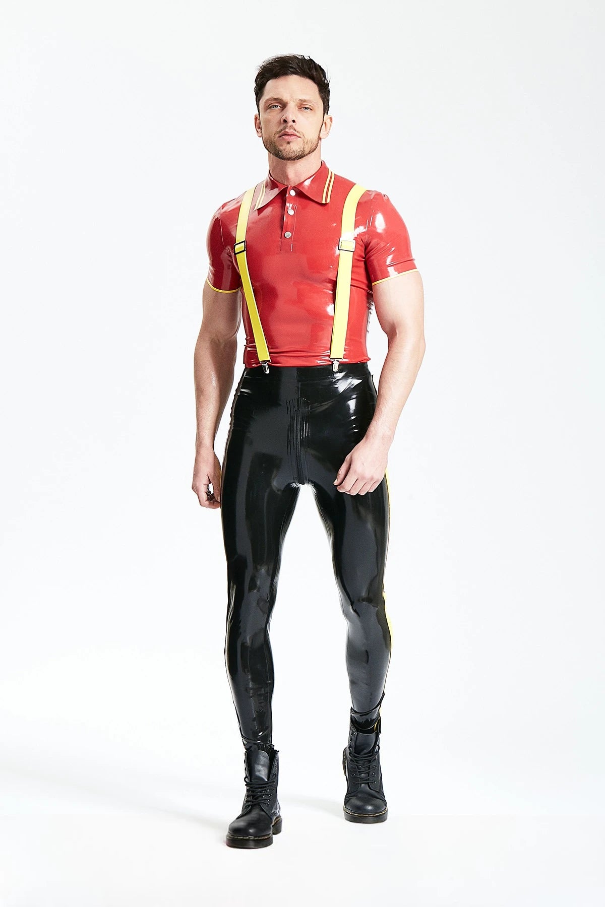 Red, trim color is Yellow Male Studded Closure Latex Polo T-Shirt