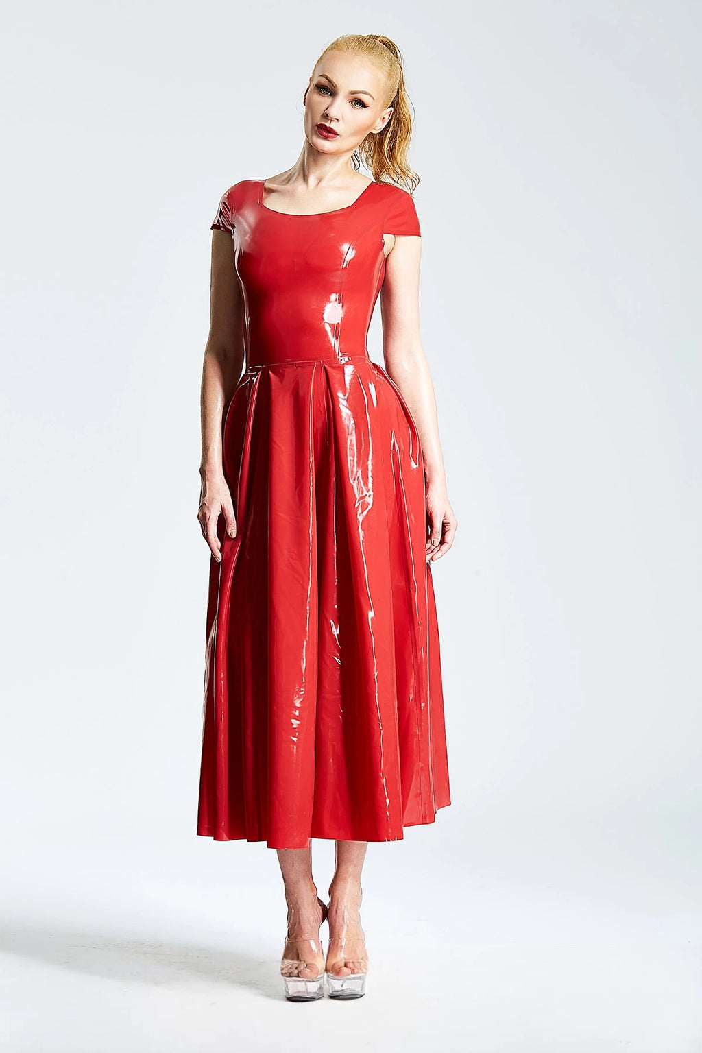 Red U-Neck Ballerina-Length Party Latex Dress