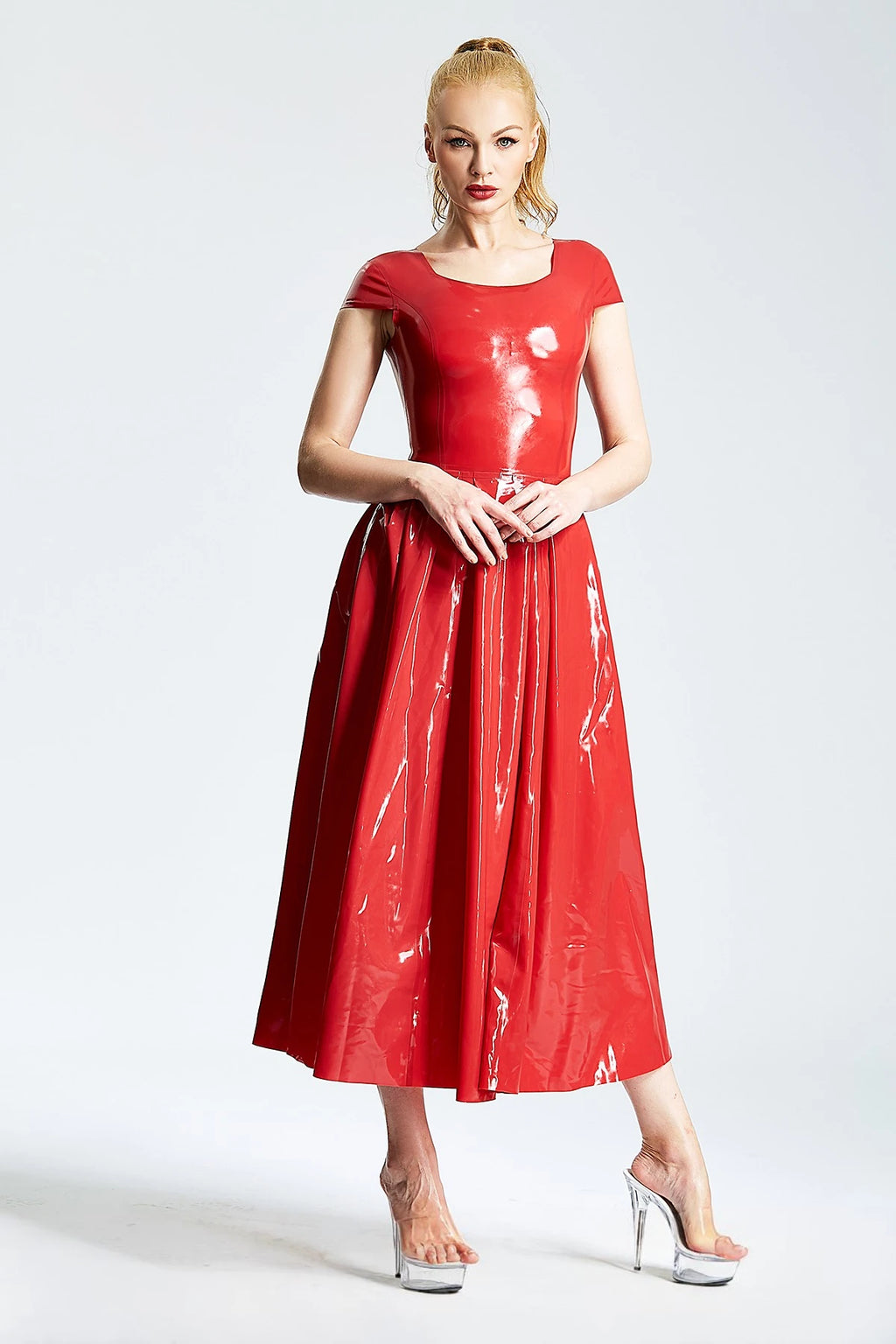 Red U-Neck Ballerina-Length Party Latex Dress