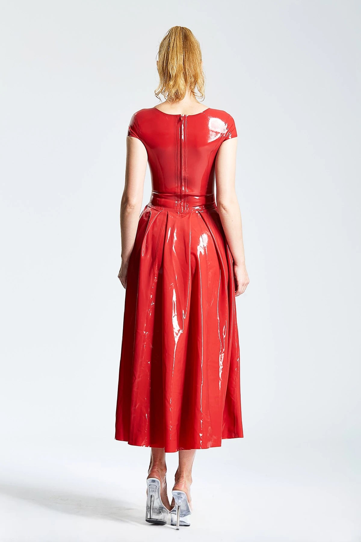 Red U-Neck Ballerina-Length Party Latex Dress