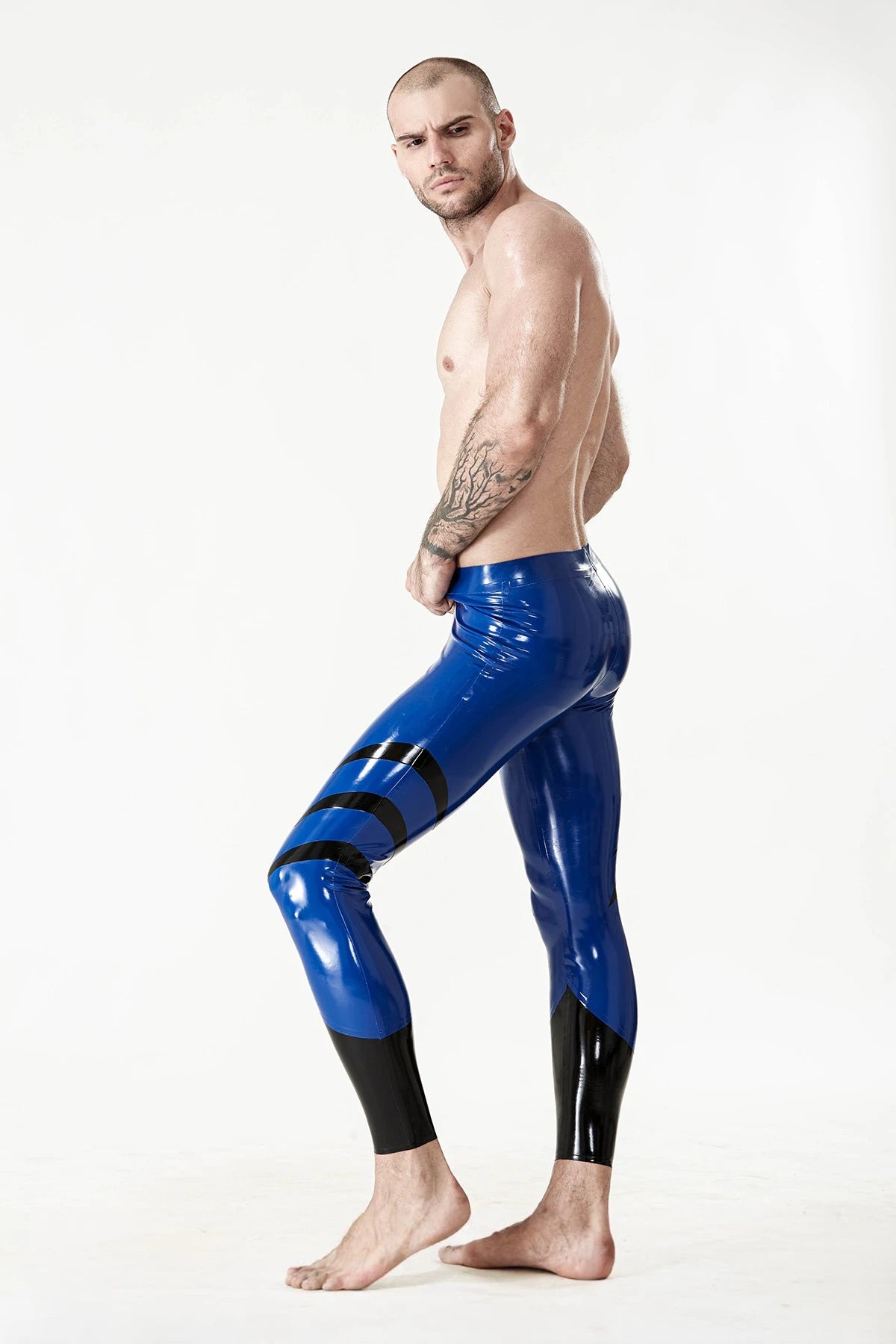 Royal Blue, trim color is Black Male Latex 'Tri-Wave' Leggings