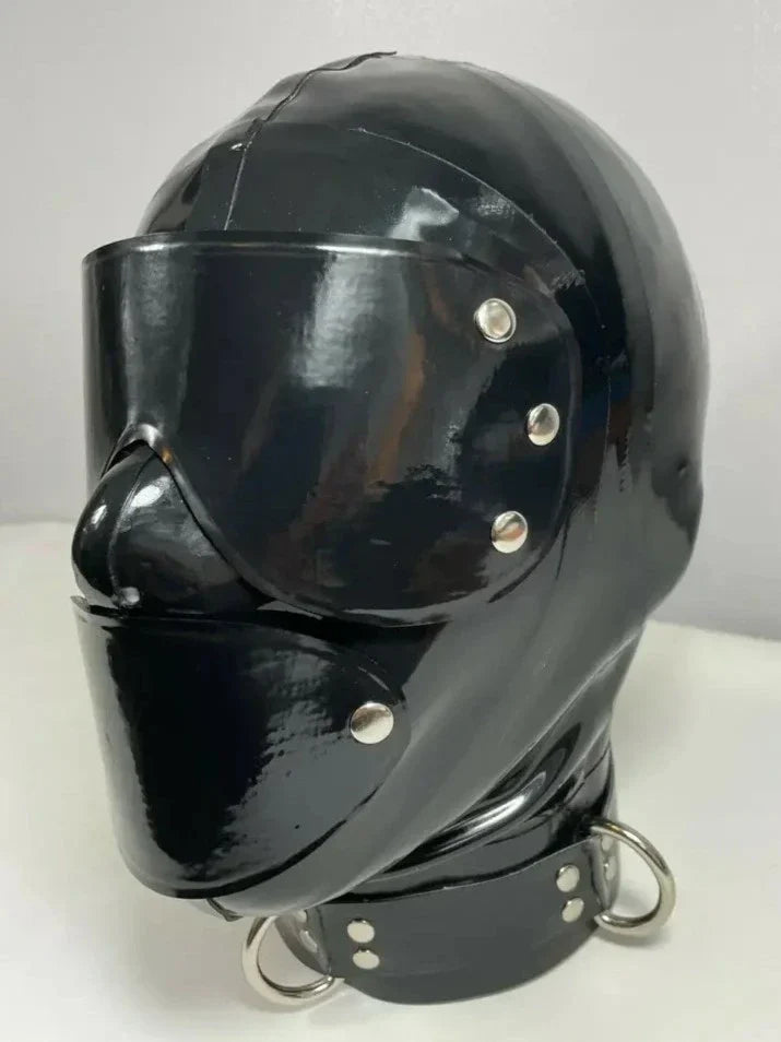 Rubber Latex Hood with Detachable Blindfold and Mouth Cover