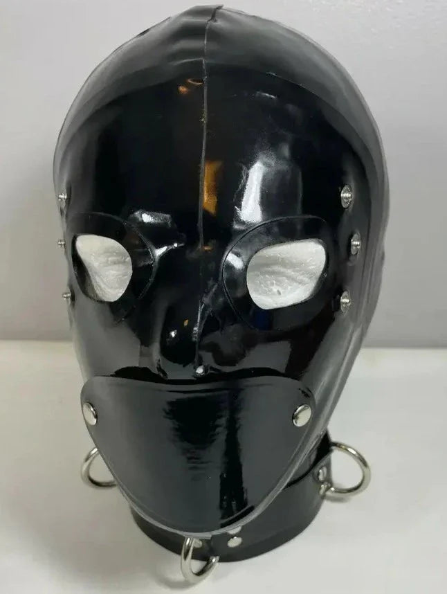 Rubber Latex Hood with Detachable Blindfold and Mouth Cover