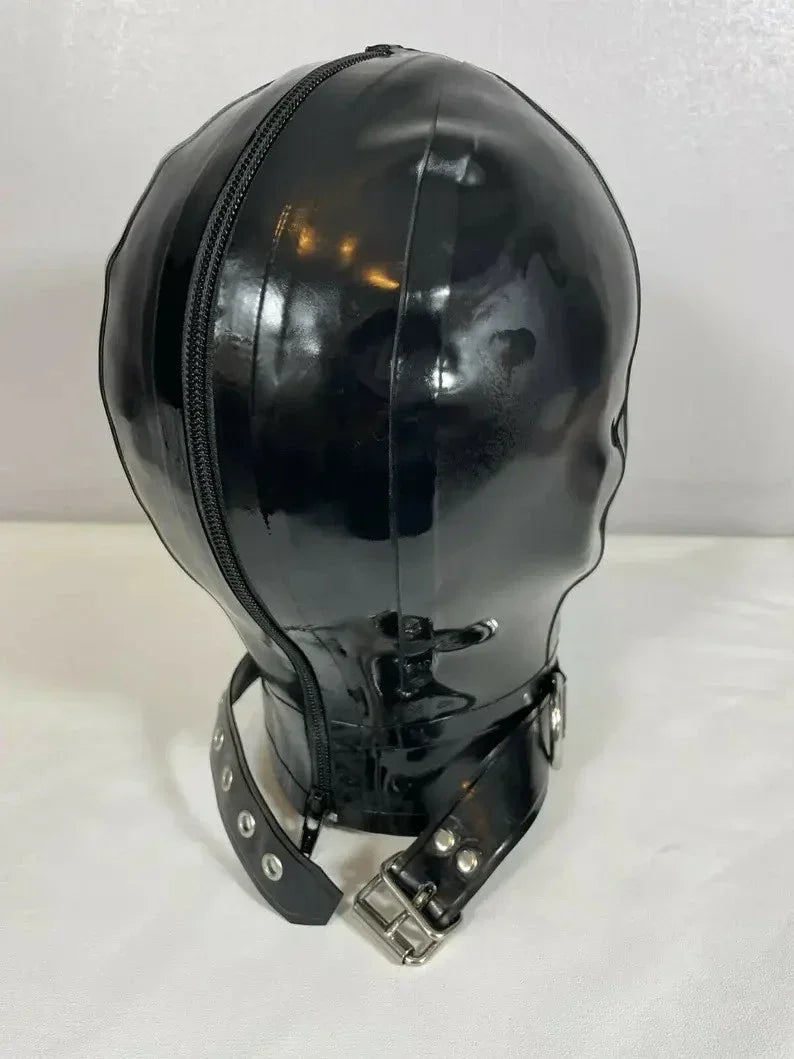 Rubber Latex Hood with Detachable Blindfold and Mouth Cover